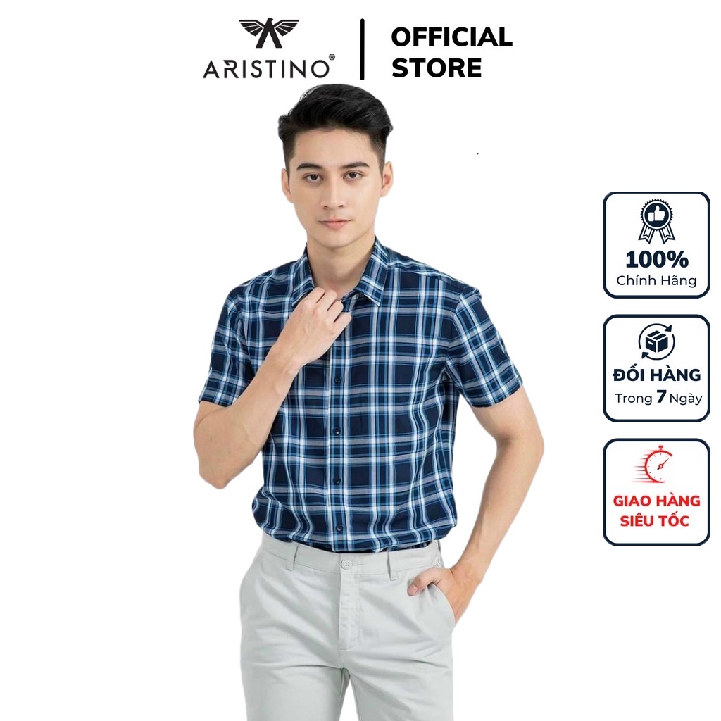 Áo sơ mi nam ngắn tay ARISTINO ASS207S1 công sở vải sợi tre cao cấp màu xanh tím than kẻ trắng dáng suông tà bằng