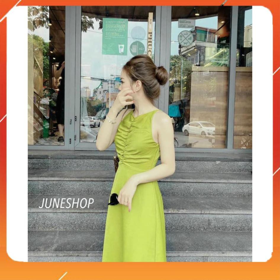 Váy Thiết Kế, Đầm Thiết Kế Cổ Yếm Xanh Chuối Chất Lụa Tằm Dúm Ngực Siêu Sang | BigBuy360 - bigbuy360.vn