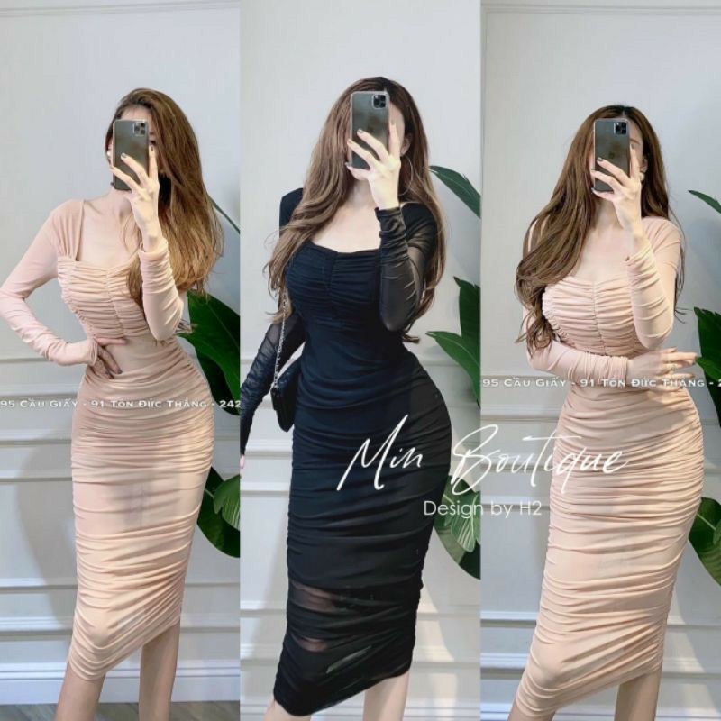 BÁN SỈ VÁY BODY LƯỚI RÚM CỔ VUÔNG 2 MÀU ĐEN NUDE CHO NỮ