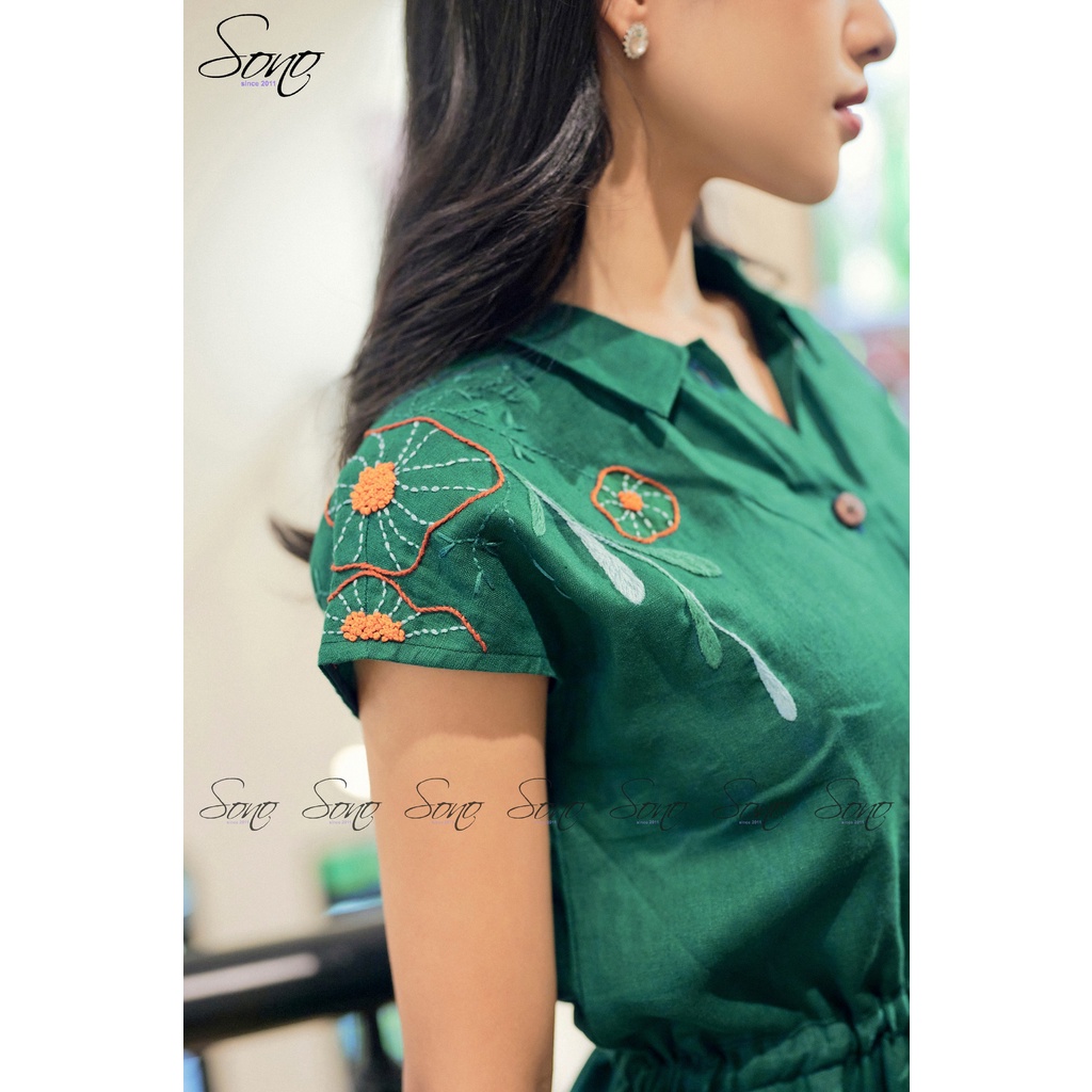 Sono - Đầm Linen Thêu Nơ Nhún Eo Mẫu Thiết Kế Mới Được Thêu Tay Trên Vai Duyên Dáng