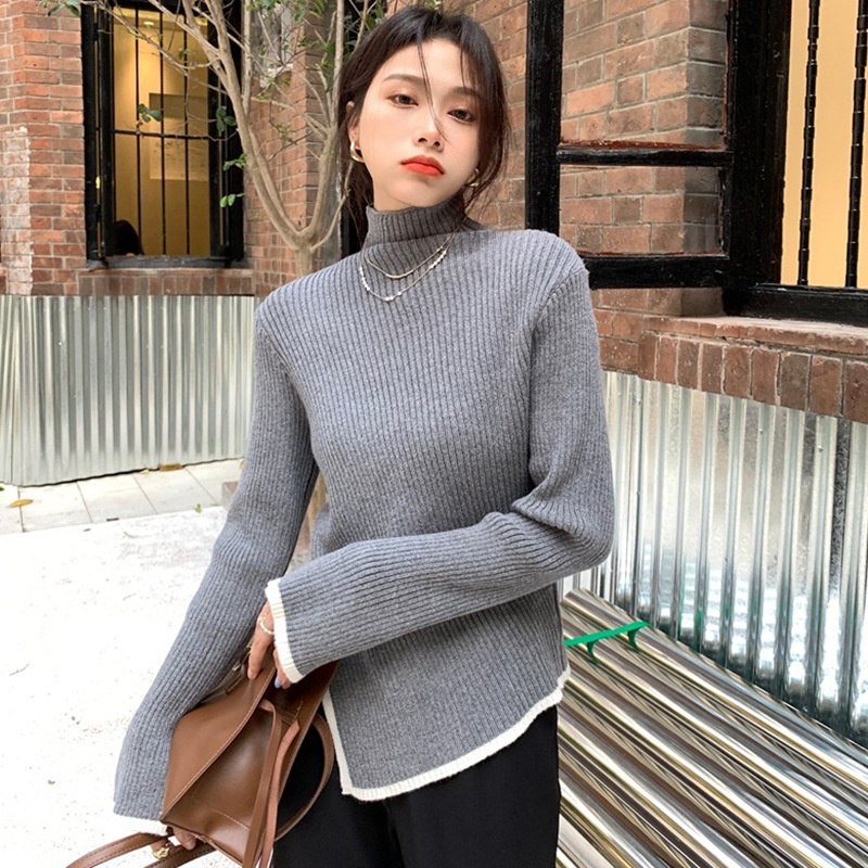 Áo Sweater Dệt Kim Cổ Lọ Tay Dài Dáng Ôm Thiết Kế Lệch Tà Thời Trang Quyến Rũ Cho Nữ