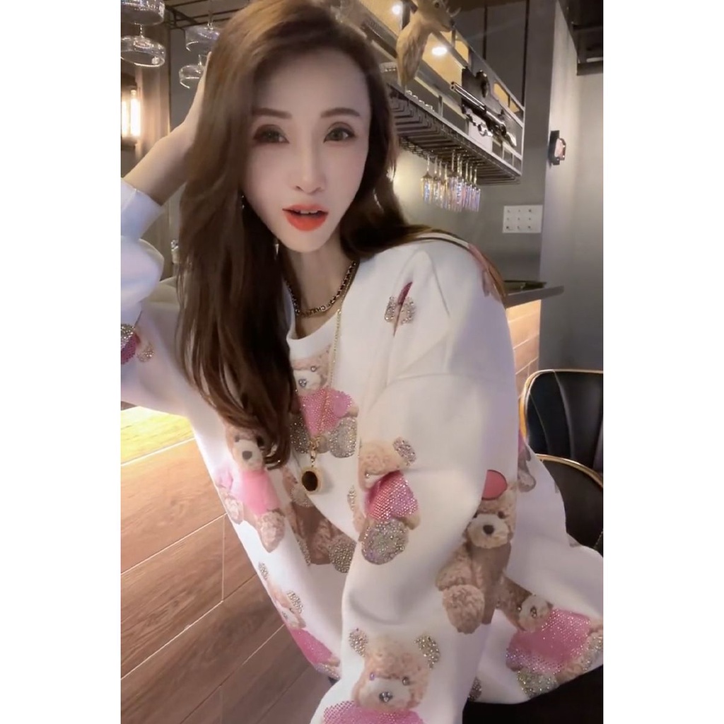 Áo Nỉ Cổ Tròn In Hình Gấu Phối Lông Cừu Phong Cách Châu Âu Thời Trang Thu Đông Mới