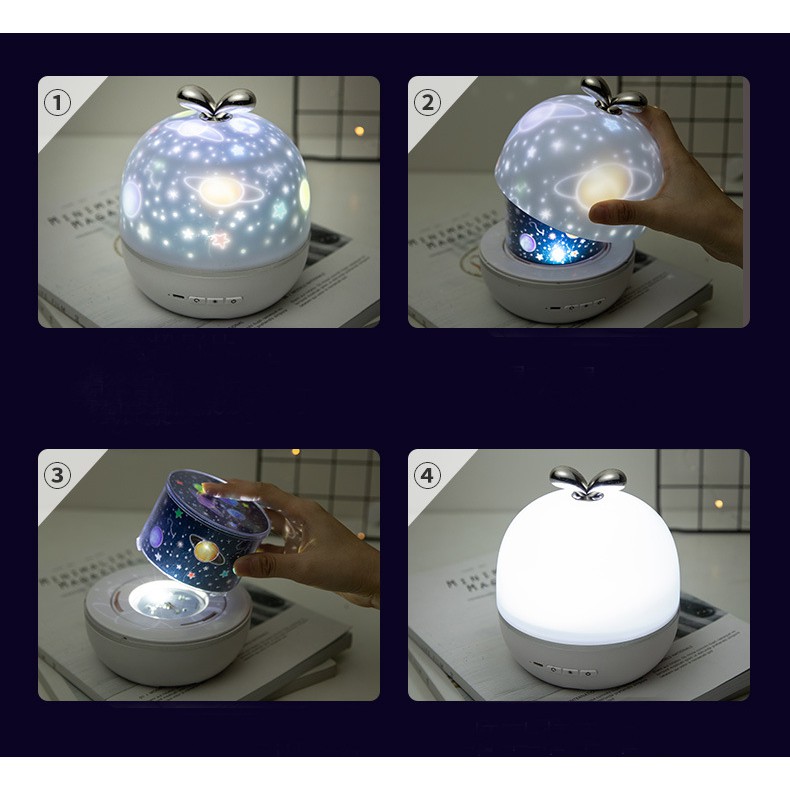 Đèn Ngủ Chiếu Sao 3D Với 6 Chế Độ Hoa Văn, Xoay Tự Động 360 Độ - Cổng Sạc USB