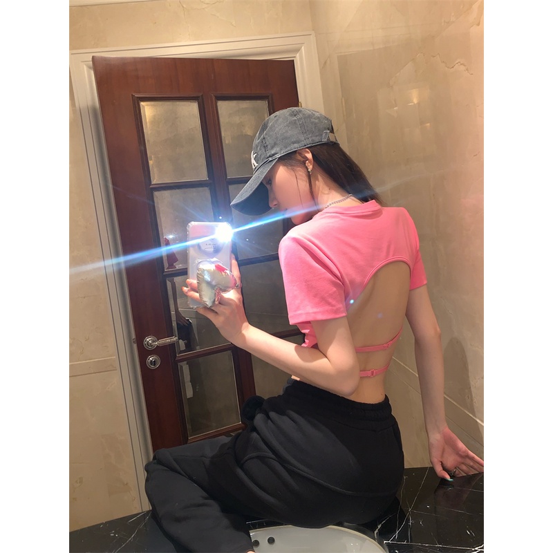 Cocory vn Áo Thun Tay Ngắn Hở Lưng Màu Trơn Thời Trang Quyến Rũ Cho Nữ