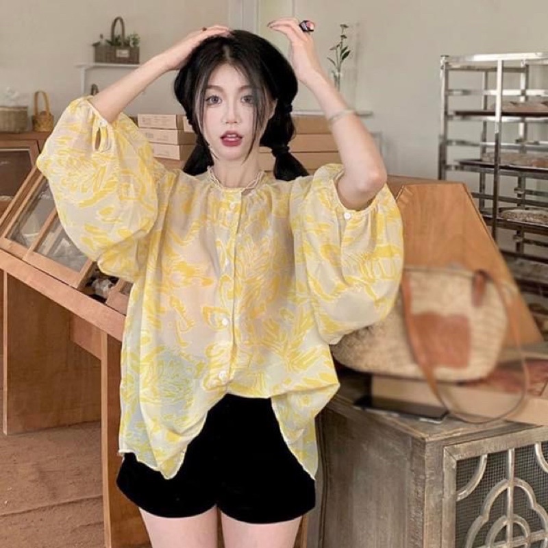 Áo kiểu sơ mi nữ tay dài cánh dơi cổ trụ bèo hoa vàng voan - Order taobao quảng châu