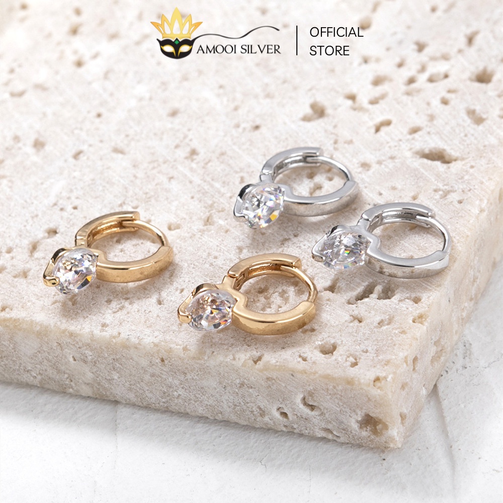 Bông tai bạc S925 khoen tròn 1 viên đá đường kính 10mm - Amooi Silver AB181