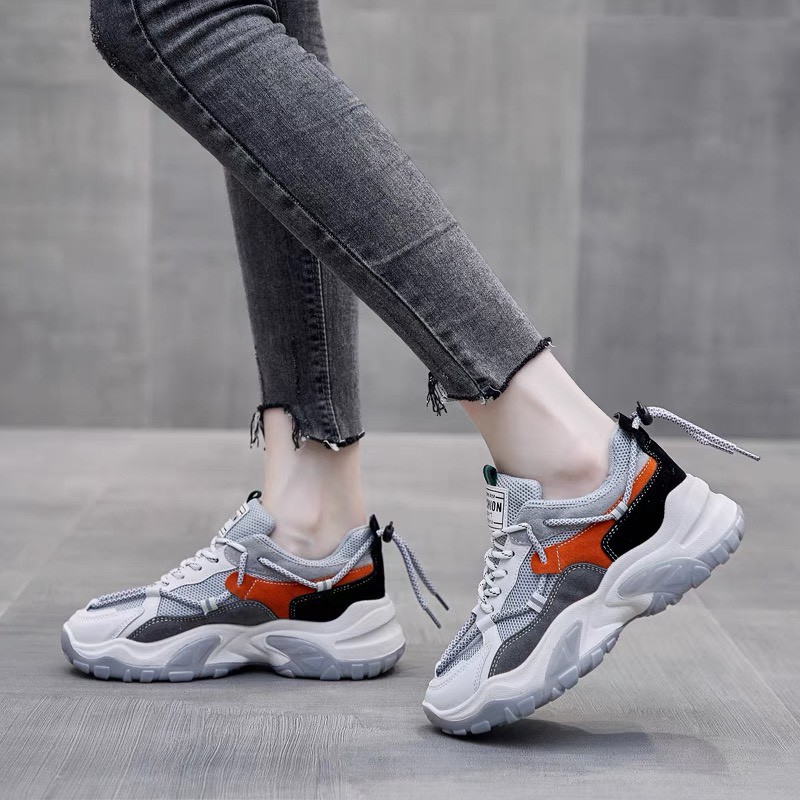 Giày thể thao nữ Zhixun - giày sneaker nữ có 2 phối màu trắng xám &amp; trắng cam chất da phối lưới độn đế cao đẹp giá rẻ