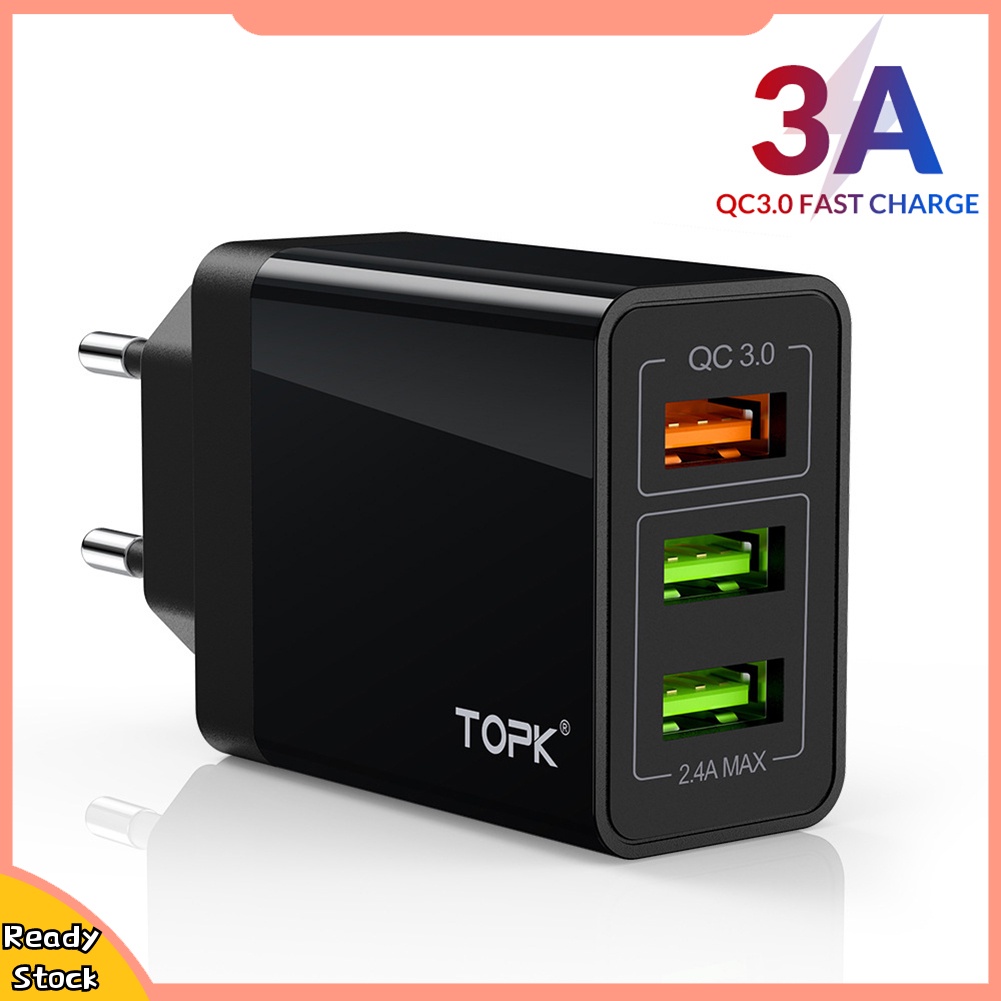 Củ sạc cắm tường TOPK 3 cổng USB 30W QC 3.0