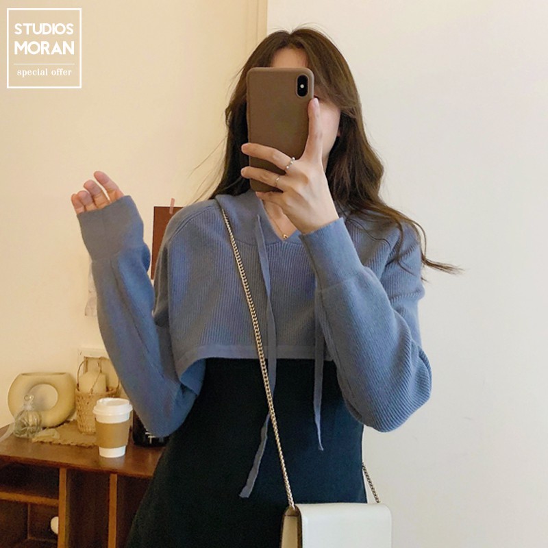 Set áo len có mũ dáng Croptop + Váy xòe dáng A-line style MORAN độc lạ Hàn Quốc