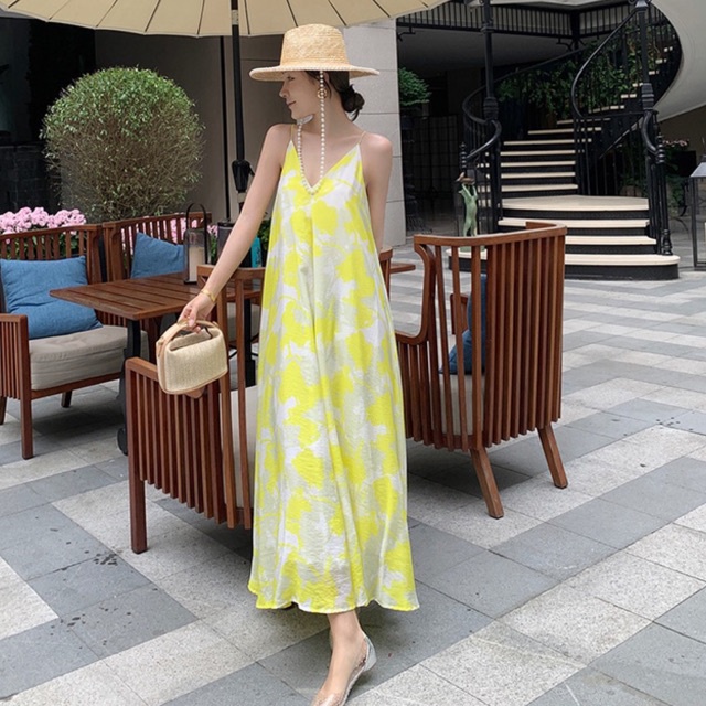 VÁY ĐẦM MAXI 2 DÂY HOA VÀNG TƯƠI MÁT