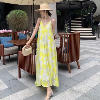 VÁY ĐẦM MAXI 2 DÂY HOA VÀNG TƯƠI MÁT
