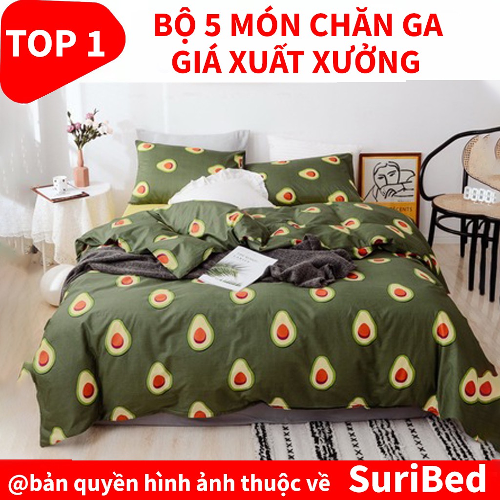 chăn ga💖FREESHIP💖bộ chăn ga 5 món họa tiết quả bơ cute CHANGAQUABO24 set bao gồm 1 chăn 1 ga 2 gối 1 gối ôm