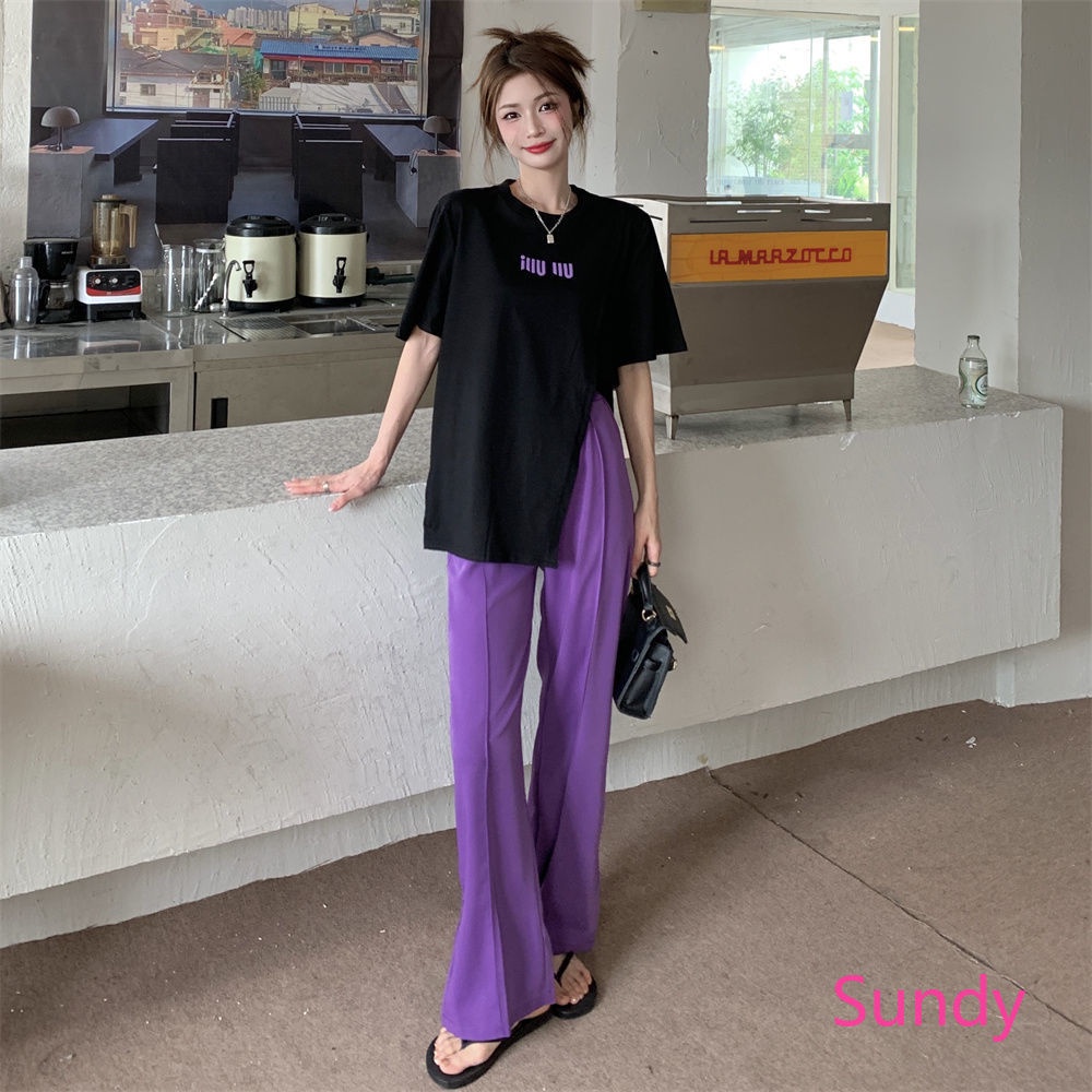 Set Áo Thun Đen Ngắn Tay + Quần Dài Xẻ Tà Thời Trang Nữ