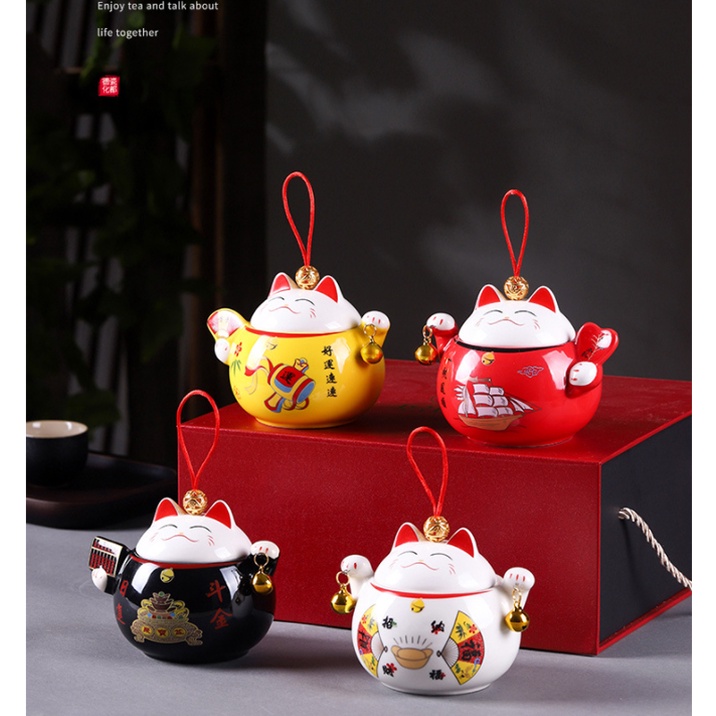 Mèo thần tài may mắn hủ đựng trà-hạt bí- mứt gốm sứ cao cấp mang lại sự sung túc may mắn