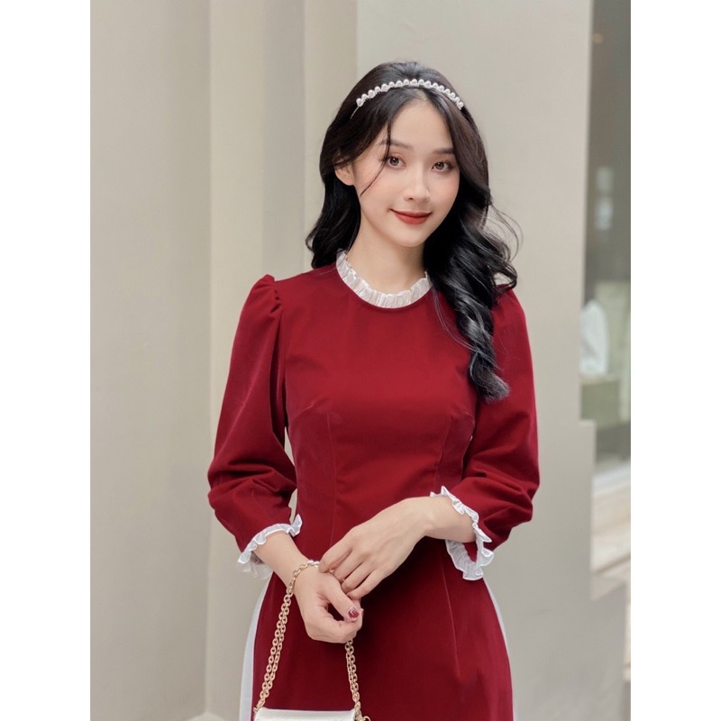 SET Áo dài đỏ nhung cổ bèo kèm chân váy lụa mềm trắng | BigBuy360 - bigbuy360.vn