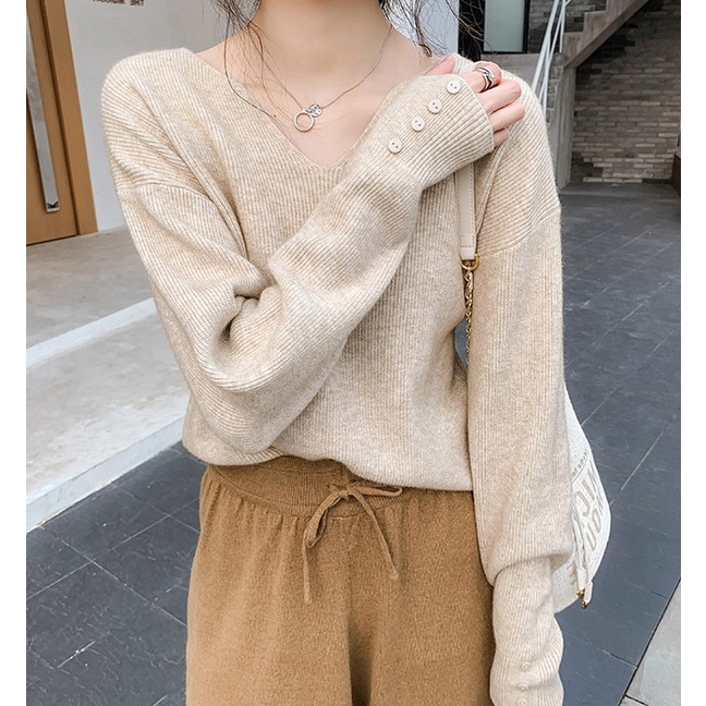 Áo dệt kim Xiaozhainv dáng rộng tay dài cổ V có 4 màu thời trang