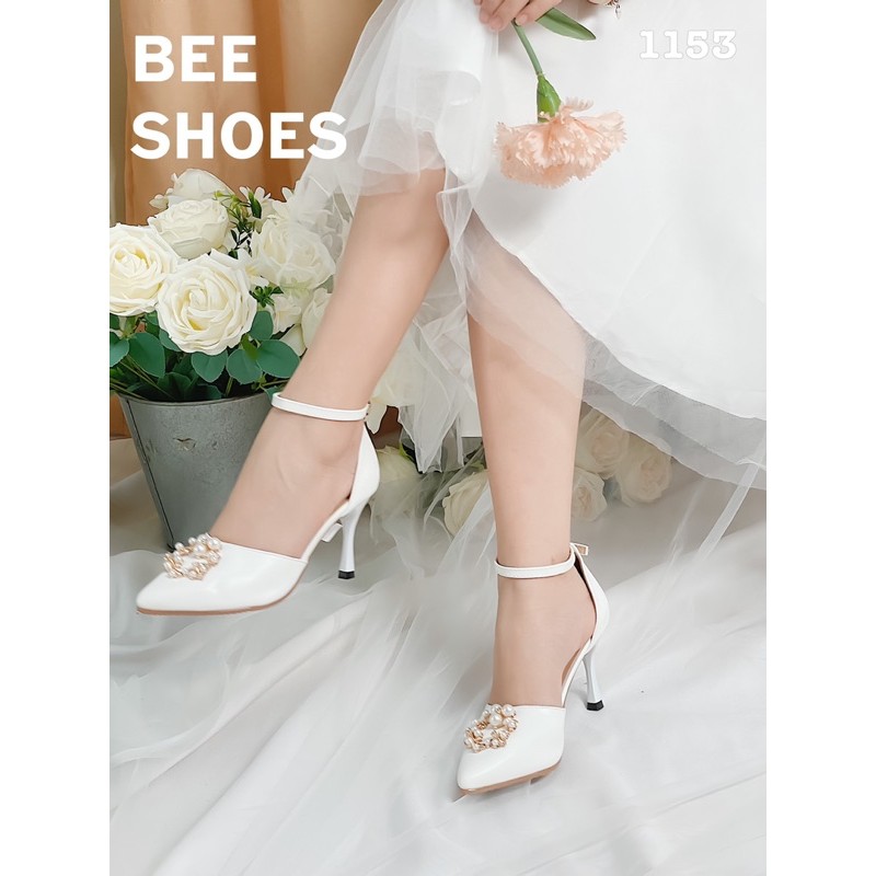 BEESHOES - GIÀY CAO GÓT NỮ MŨI NHỌN ĐÁ TRÒN NGỌC - GIÀY CAO GÓT NỮ GÓT NHỌN CAO 7 PHÂN SẴN MÀU TRẮNG - BE 201153