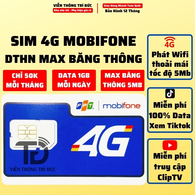Sim 4G Mobifone DATA KHÔNG GIỚI HẠN, Gói DTHN 30GB/T (CS120, CV119 DATA 4GB/NGÀY, GỌI FREE) SIM PHÁT WIFI MAX BĂNG THÔNG