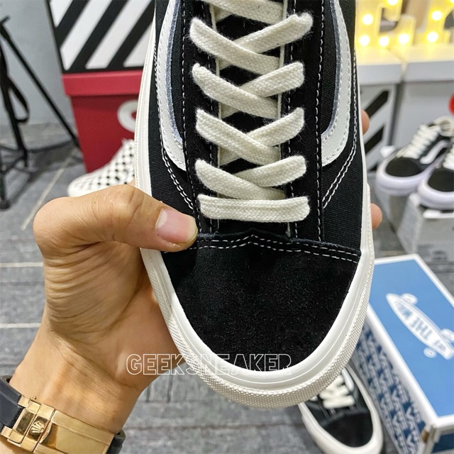 Giày Nam Nữ Cổ Thấp Vans Vault Old Skool, Giày Slip On Vans Caro Đen Trắng Full Box Bill