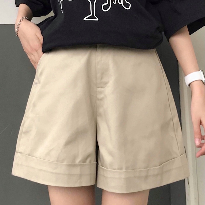 Quần Short Kaki Nữ Form Rộng Cạp Cao Ullzang