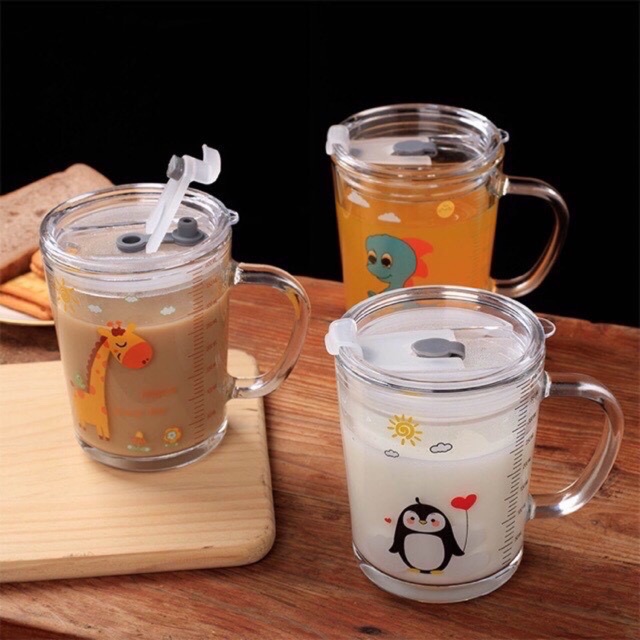 Cốc pha sữa chịu nhiệt thủy tinh chia vạch có nắp và ống hút | BigBuy360 - bigbuy360.vn