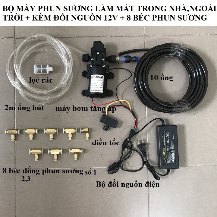 bộ máy phun sương làm mát không khí,tưới lan 12v - 8 béc đồng số 1,2,3kèm đổi nguồn