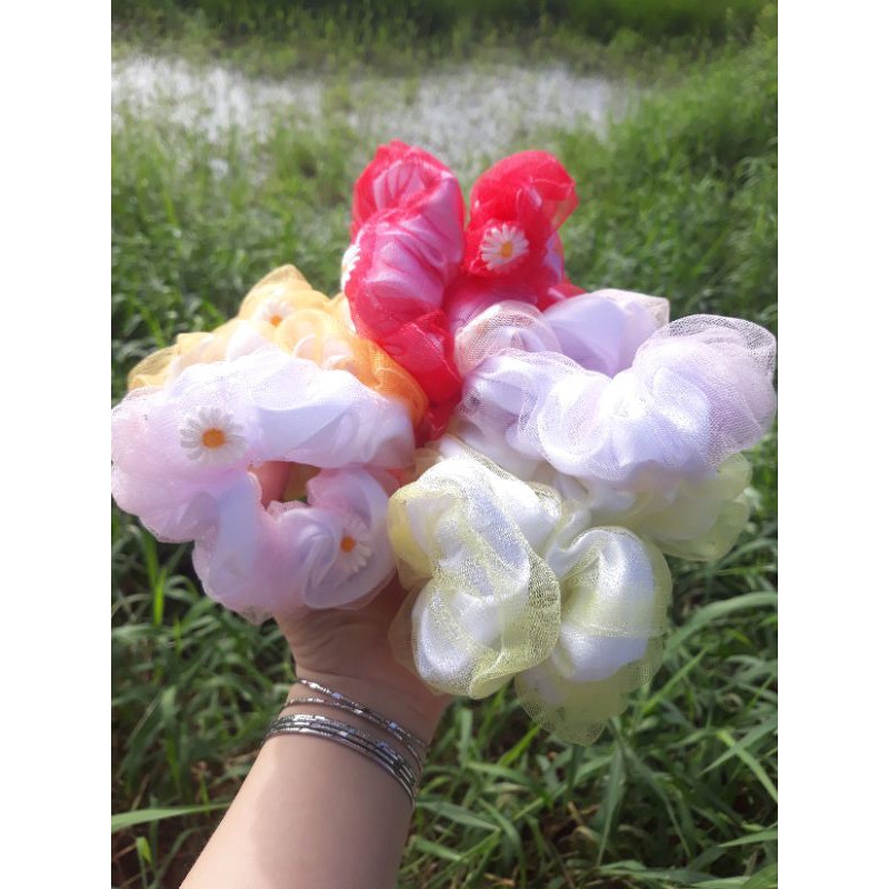 Scrunchies, crunchies đồ buộc tóc Hoa cúc thêu hai lớp