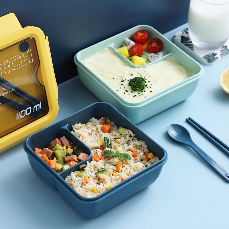 Hộp đựng cơm bento Lunch Box 1100ml phong cách Nhật có 4 khóa đóng kín tặng kèm thìa và đũa