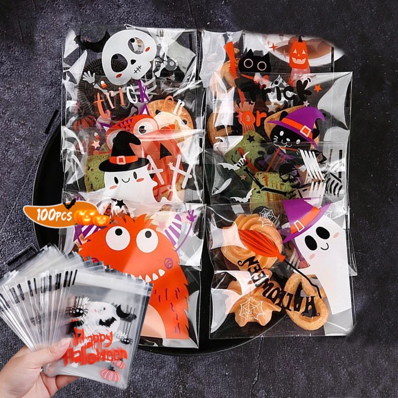 Set 100 Túi Nhựa Đựng Bánh Kẹo Tự Dính Họa Tiết Halloween