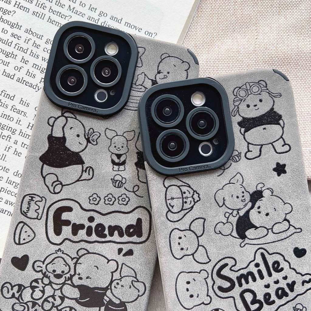 Ốp Điện Thoại Da Lộn Mềm Họa Tiết Gấu Cười Sang Trọng Cho iPhone 14ProMax 13 12Pro 11Promax