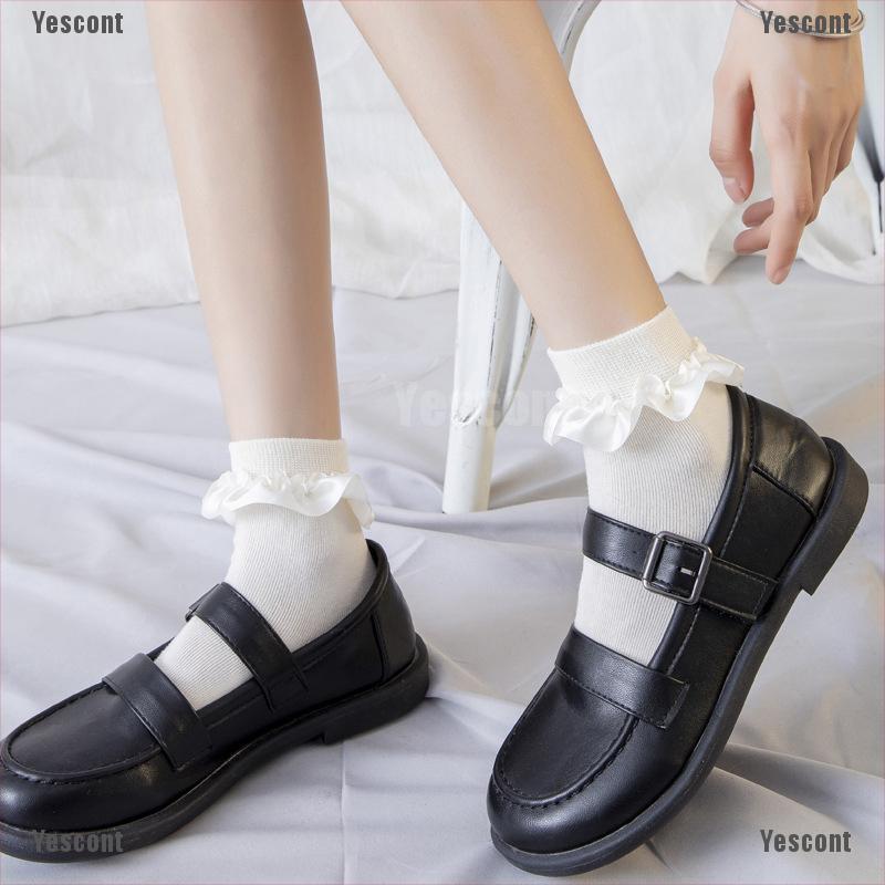 （Yescont）Cute Socks Lolita Ruffle White Frilly Ruffle Princess Socks Woman Happy Socks