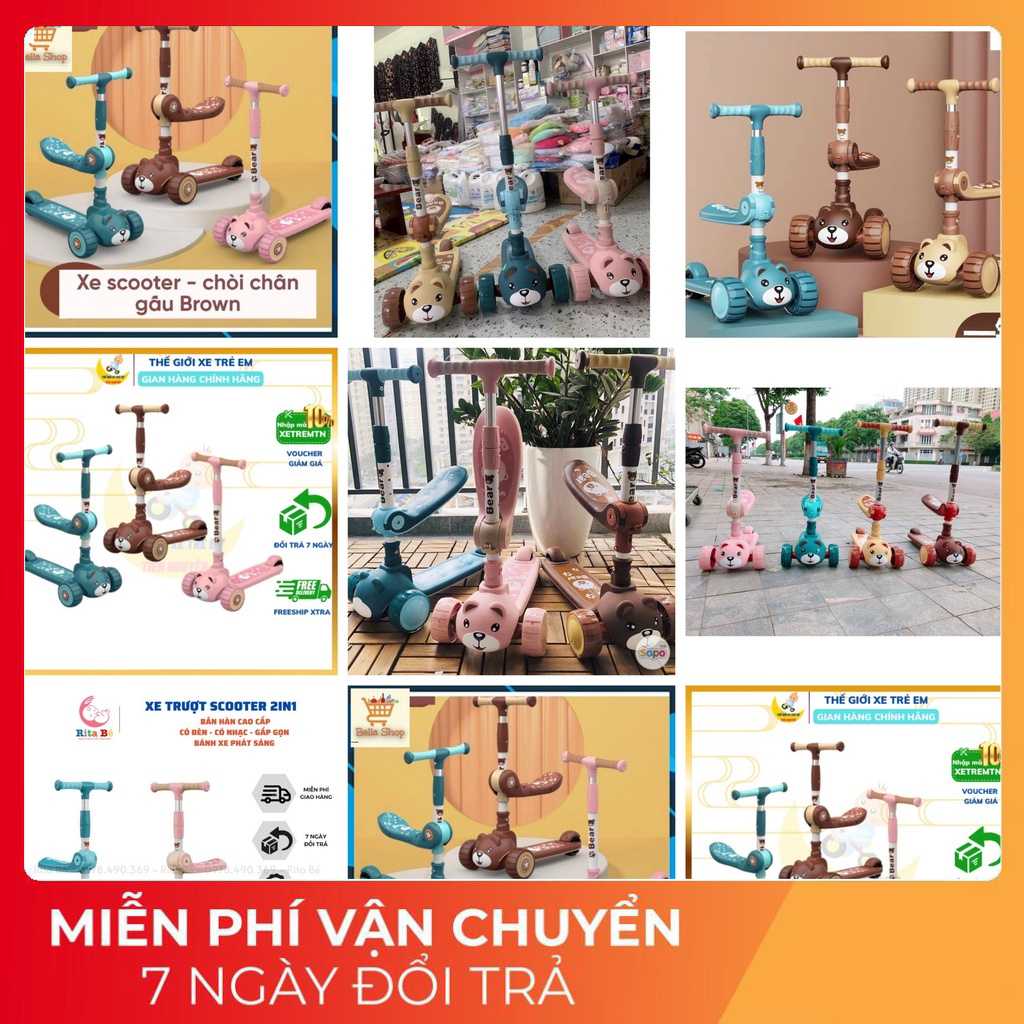 Xe Scooter Cho Bé Hình Gấu Bear Có Nhạc Và Đèn Phát Sáng, Bảo Hành 1 Đổi 1, Xe Trượt Scooter Cho Bé Chòi Chân7