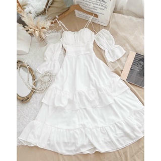ĐẦM MAXI TRẮNG RỚT VAI BÈO (hình sàn thật)