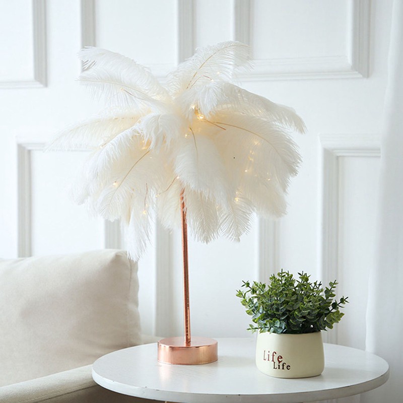 Feather Table Lamp with Remote Control Rose Gold Base for Home -White