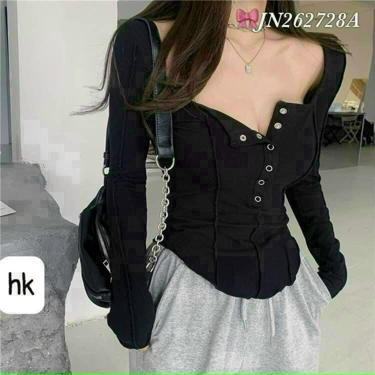 áo thun gân tay dài nút  bấm phối đường li 2 bên sườn li