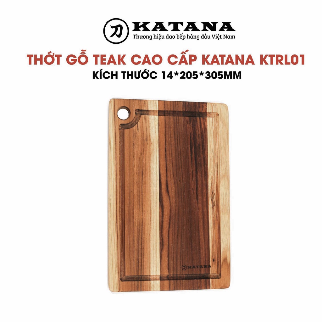 Thớt Gỗ Teak Cao Cấp KATANA - Hình Chữ Nhật - Có Rãnh và Lỗ Treo - Hàng Chính Hãng BH 12 Tháng 1 Đổi 1 Trong 7 Ngày