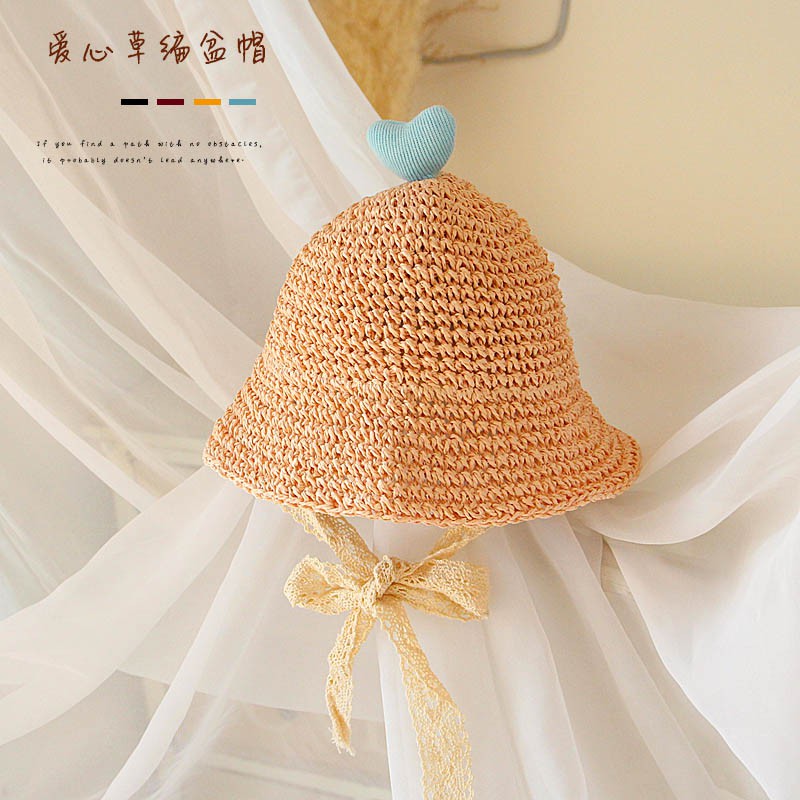 Mũ cói đính trái tim phong cách mùa hè thiết kế kiểu Hàn Quốc dễ thương dành cho bé gái