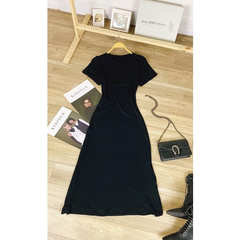 Đầm Body thun dáng dài xẻ tà màu đen, đầm dạo phố tôn dáng