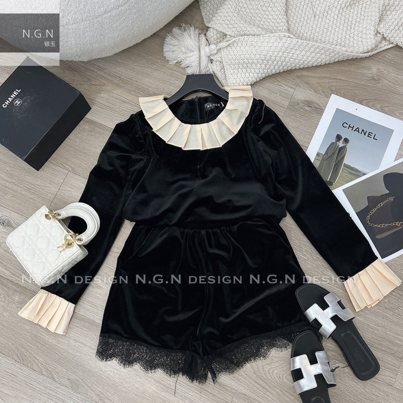 Sét nhung dài tay cổ be