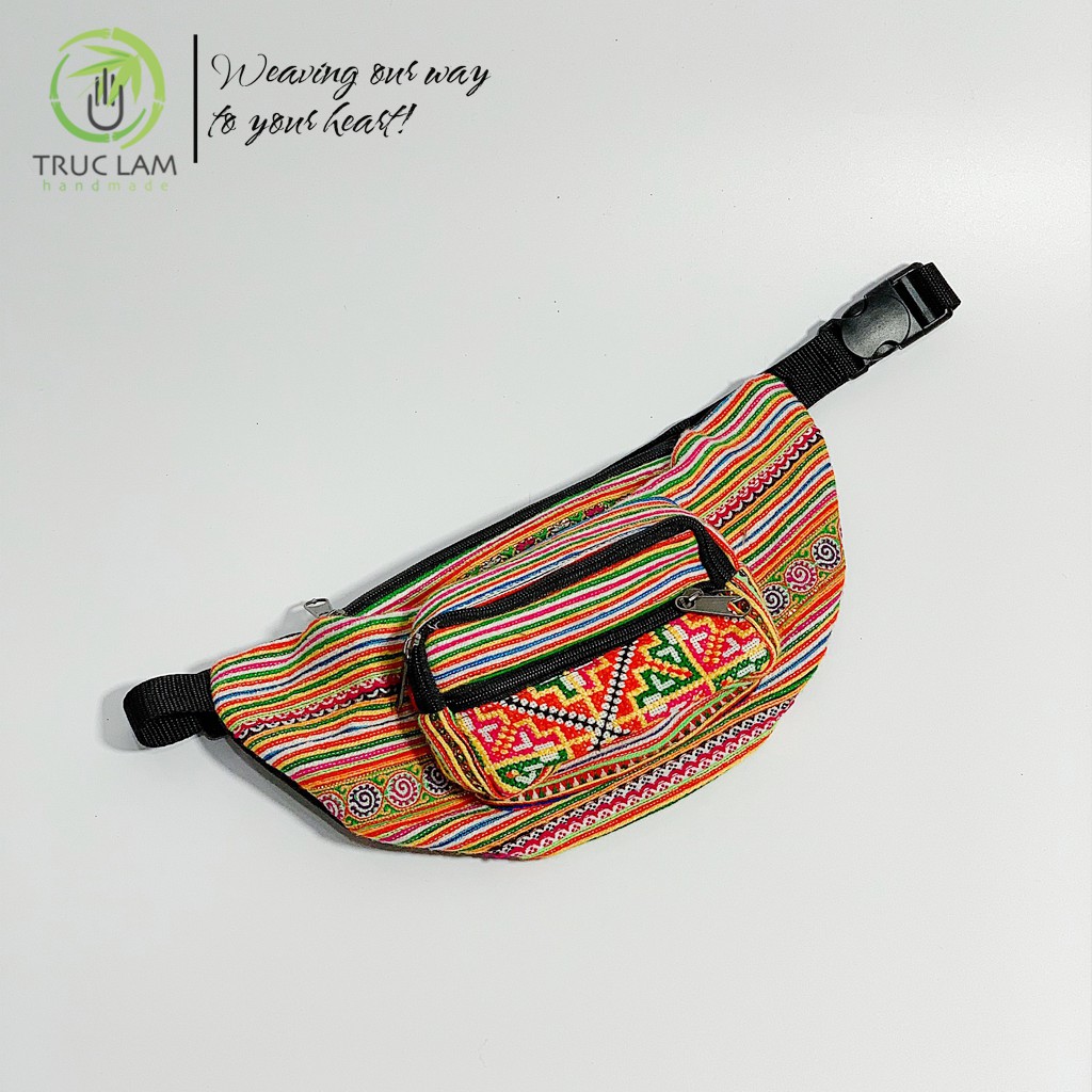 Túi Đeo Bụng Túi Bao Tử Vải Thổ Cẩm Phối Da Lộn Họa Tiết Dân Tộc Thêu Tay (B) - Trúc Lâm Handmade.