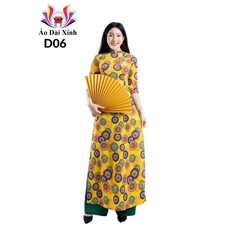Áo dài xinh Áo dài truyền thống in 3D cổ 2cm tay lỡ họa tiết vàng