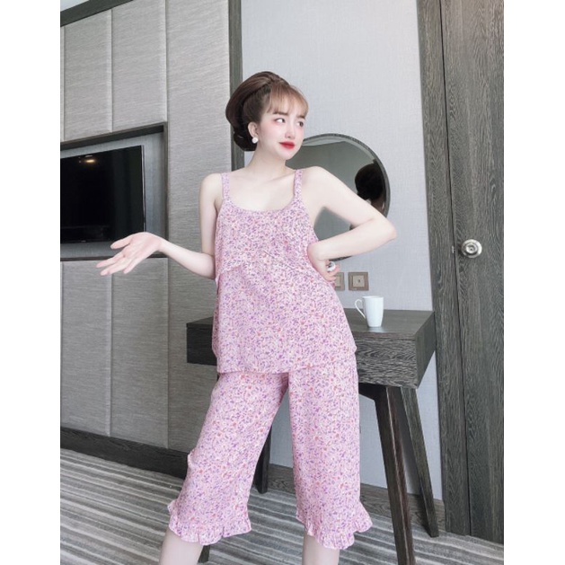 Bộ lụa Mango lửng, tầng chéo, hoạ tiết hoa nhí xinh xắn