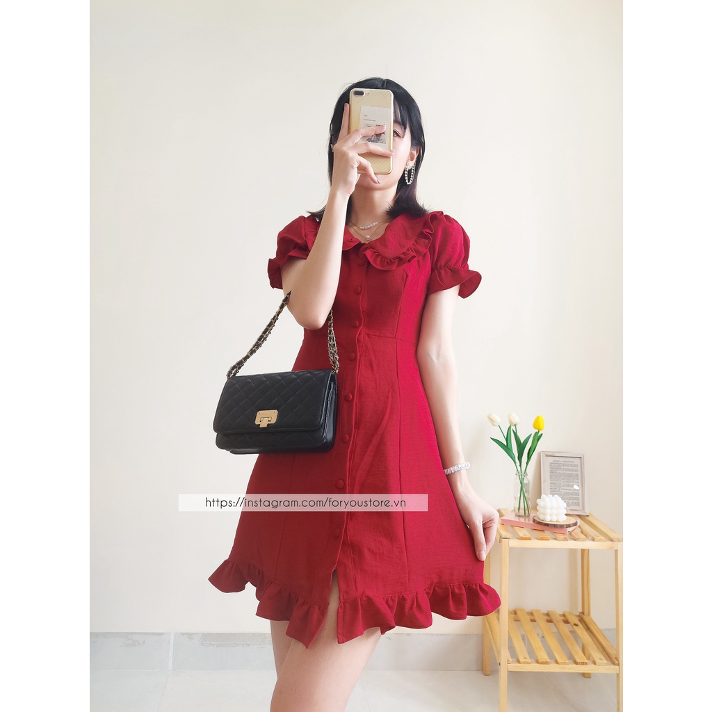 Váy đỏ đô FORYOU đầm cổ sen bèo tay bồng cúc giữa nhún bèo chân váy - Suri Dress | BigBuy360 - bigbuy360.vn