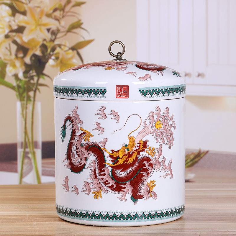 Thùng gạo Jingdezhen Hũ gia đình 5 kg 10 hủ nhỏ bằng sứ có nắp chống ẩm -Xy lanh đựng dầu côn trùng Trà Caddy