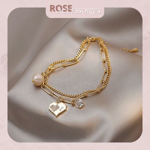 Vòng tay nữ 2 lớp trái tim kết hợp ngọc trai nhân tạo thời trang Rose Accessories mã VT16