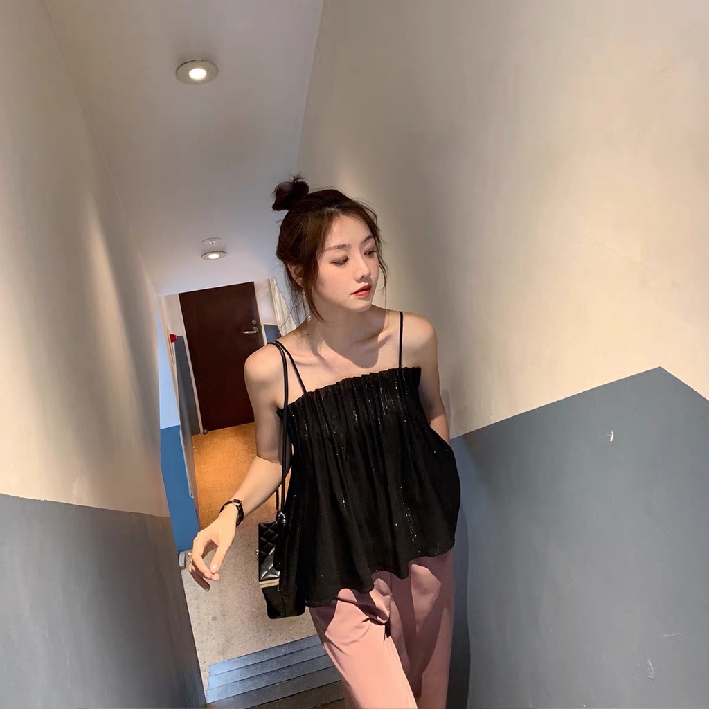 Áo 2 dây xếp tầng vải lụa tơ trẻ trung cá tính đủ size