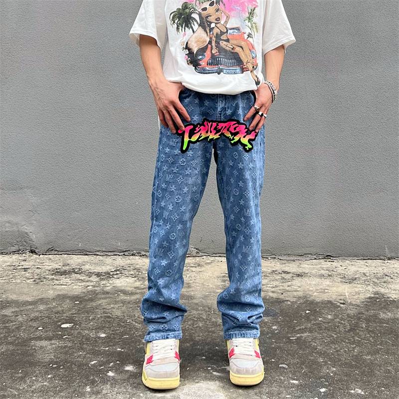 American High Street Flocking Embroidered Gradient Jeans Men's Ins Fashion Brand Street Hip-Hop Loose Straight Full Printed Pants Vr8N