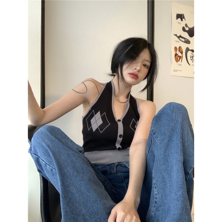 Cocory vn Áo Dệt Kim Hai Dây Ôm Dáng Họa Tiết Kẻ Sọc Caro Màu Tương Phản Quyến Rũ Thời Trang Cho Nữ