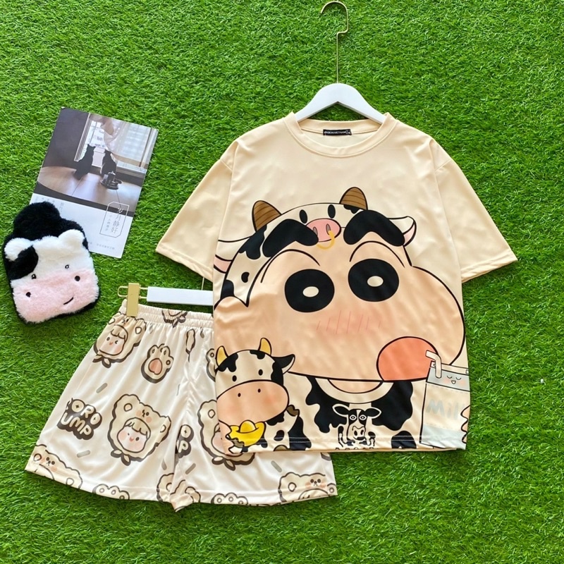 Đồ bộ mặc nhà form rộng unisex in hoạt hình chất thun thoáng mát nguyên set bộ đồ ngủ nam nữ