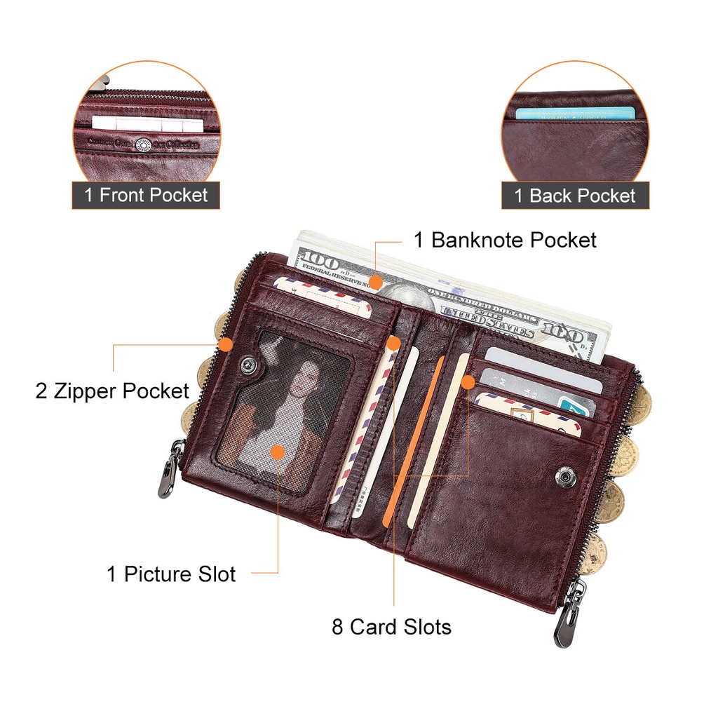 Ví mini cầm tay CONTACT'S C2197 phối khóa kéo thanh lịch thời trang cho nữ